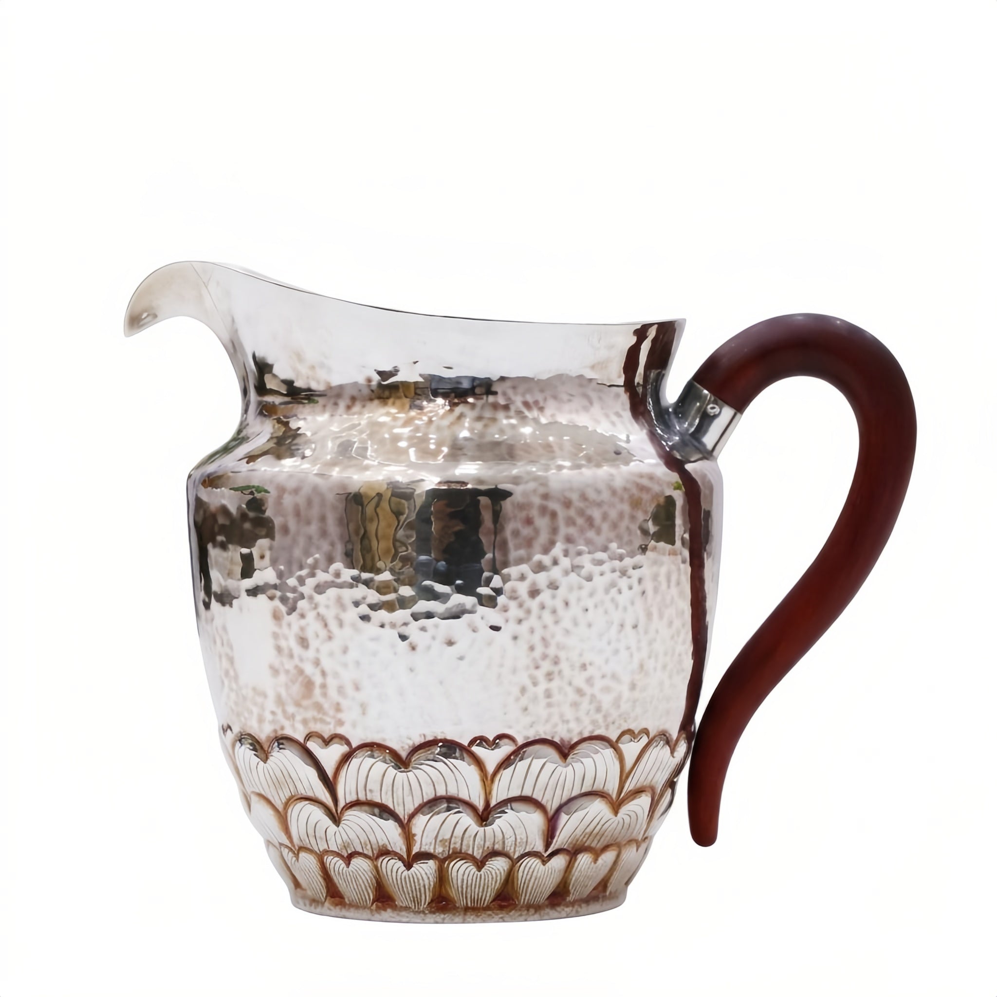 925 Sterling Silver Hand-Hammered Silver Pitcher with Scalloped Base and Curved Wooden Handle - Handicraft