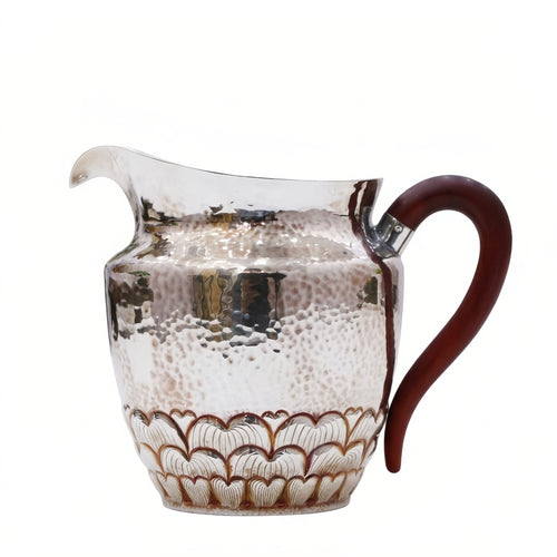 925 Sterling Silver Hand-Hammered Silver Pitcher with Scalloped Base and Curved Wooden Handle - Handicraft
