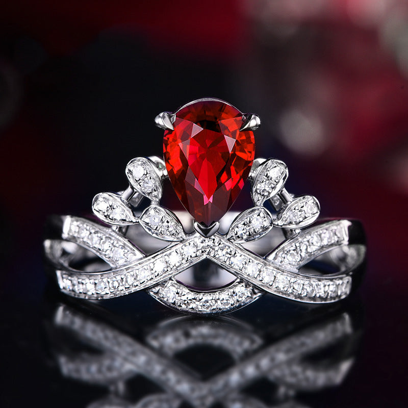 Pear Cut Simulated Ruby Crown Ring, Luxury Infinity Pave Band Promise Ring For Women