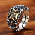 Vintage Maltese Cross Biker Ring, Two-Tone Gothic Adjustable Statement Band, Punk Rock Heavy Ring For Men