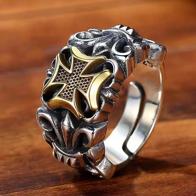 Vintage Maltese Cross Biker Ring, Two-Tone Gothic Adjustable Statement Band, Punk Rock Heavy Ring For Men