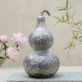 Pure 999 Fine Silver Ornate Silver-Toned Double Gourd Vessel with Intricate Floral Engravings - Handicraft