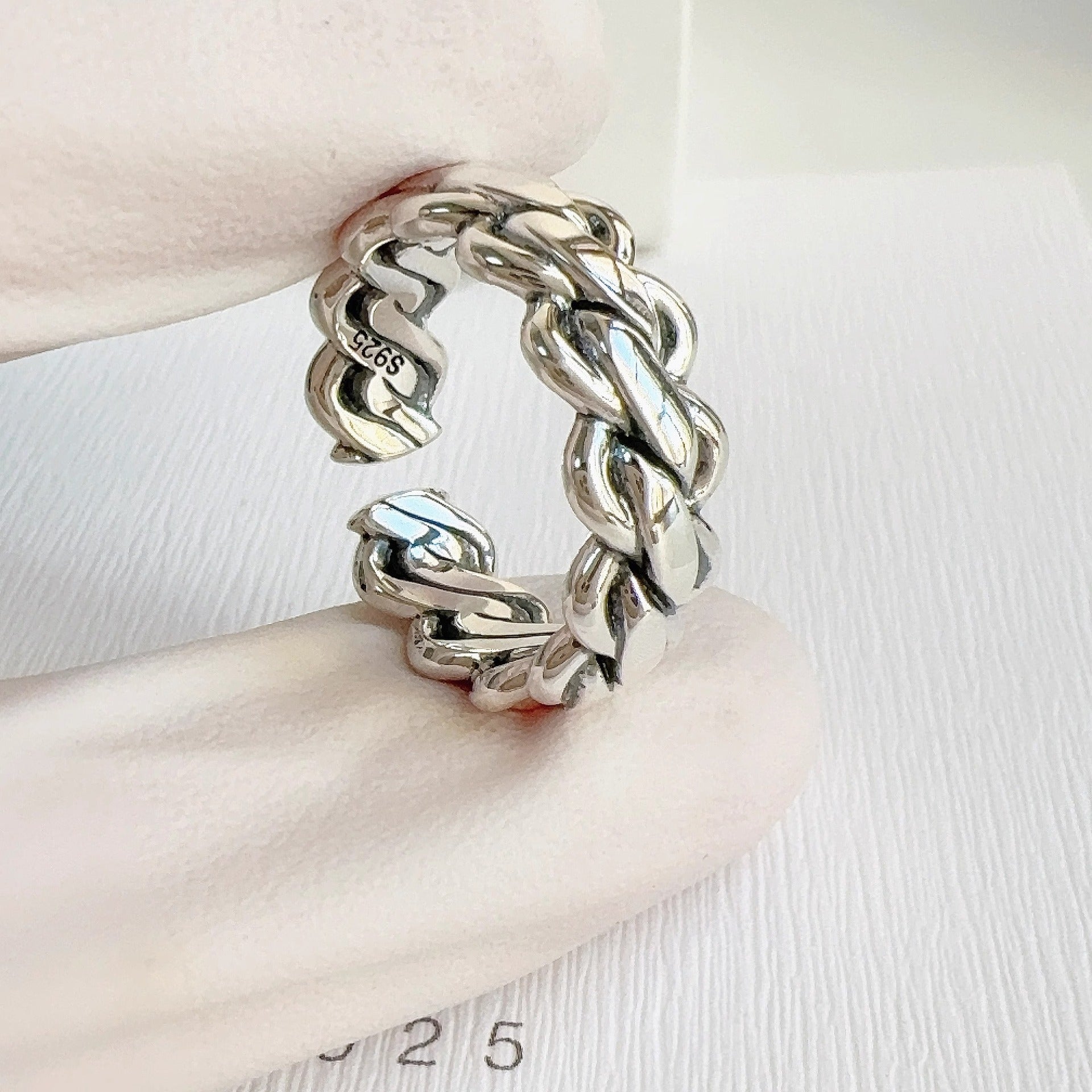 Ring aus 925er Sterlingsilber mit verschlungener Kette, Vintage offener verstellbarer Armreif, Koreanischer Schmuck, der nicht anläuft