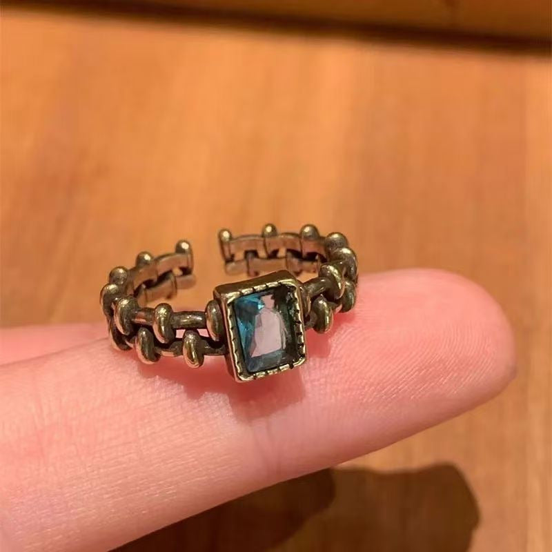 Vintage Distressed Kette Blauer Zirkon Offener Ring, Unisex Nischenschmuck
