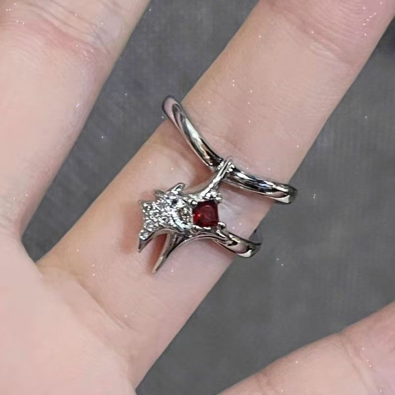 Gotischer Kreuzring mit roten Zirkonen - Y2K Subkultur Schmuck