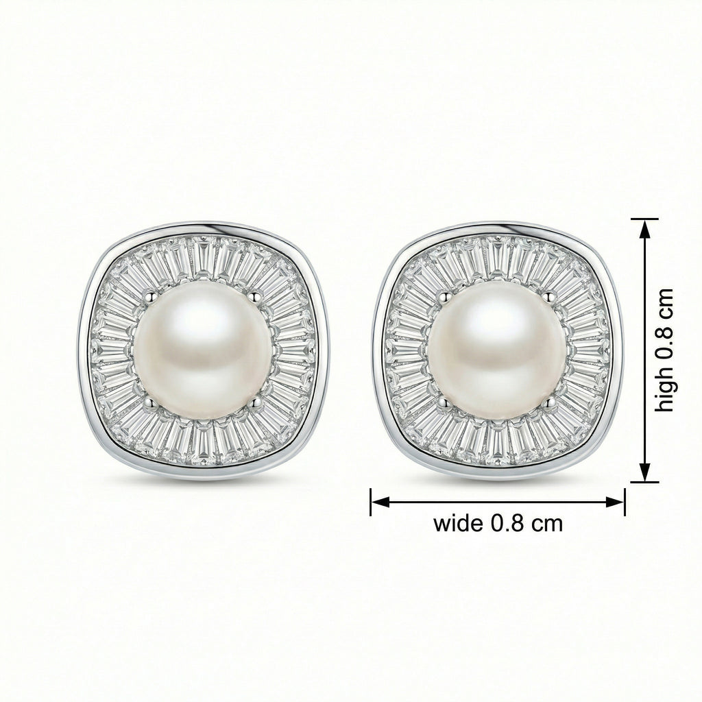 925 Sterling Silver Radiant Pearl and Tapered Baguette CZ Cushion Halo Stud Earrings
