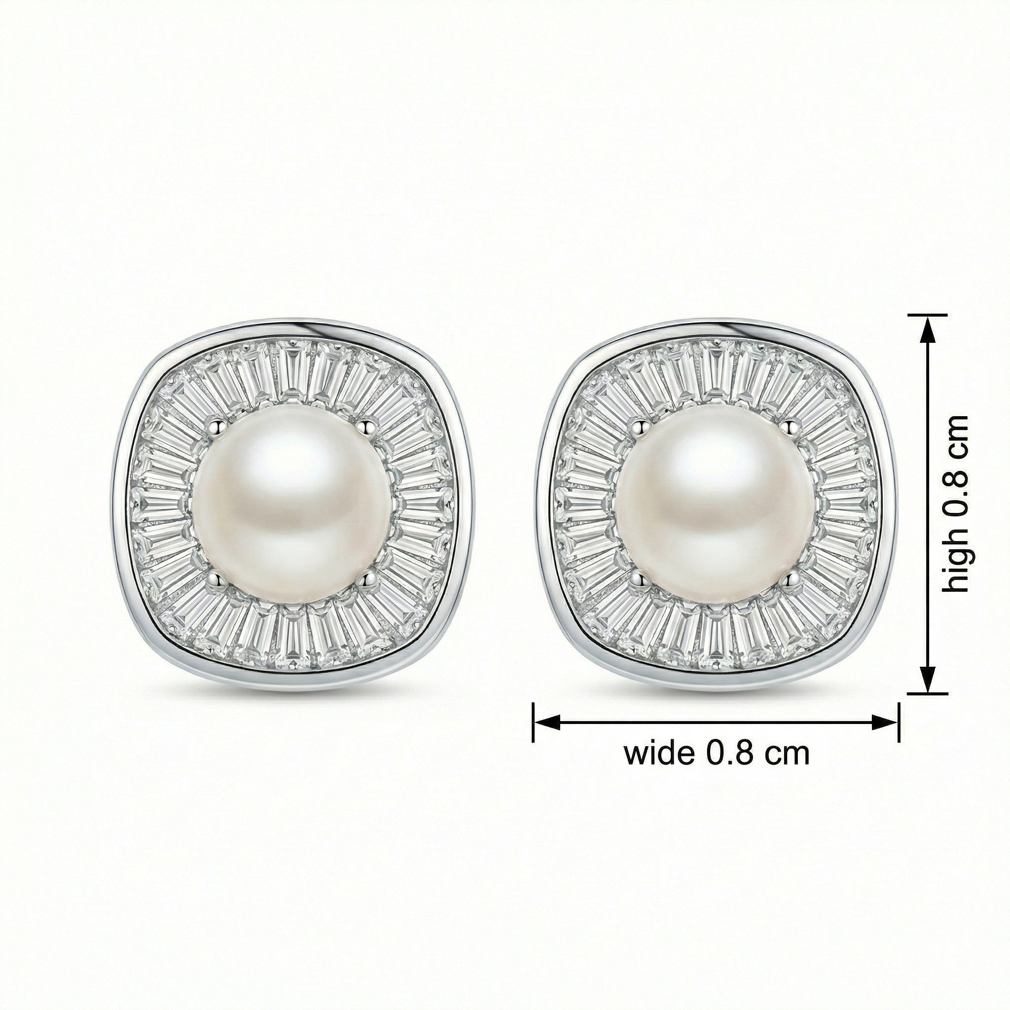 925 Sterling Silver Radiant Pearl and Tapered Baguette CZ Cushion Halo Stud Earrings