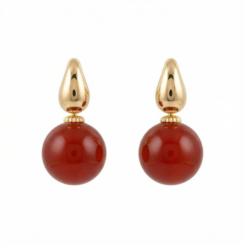 925 Sterling Silver Elegant Red Carnelian Sphere and Polished Metallic Teardrop Drop Earrings