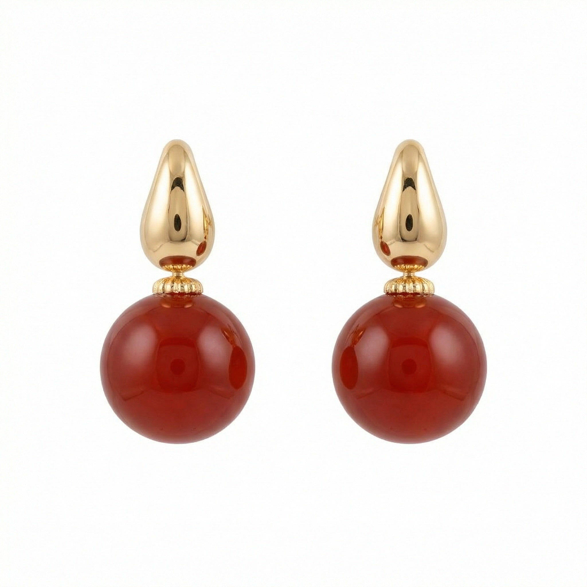 925 Sterling Silver Elegant Red Carnelian Sphere and Polished Metallic Teardrop Drop Earrings