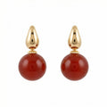 925 Sterling Silver Elegant Red Carnelian Sphere and Polished Metallic Teardrop Drop Earrings