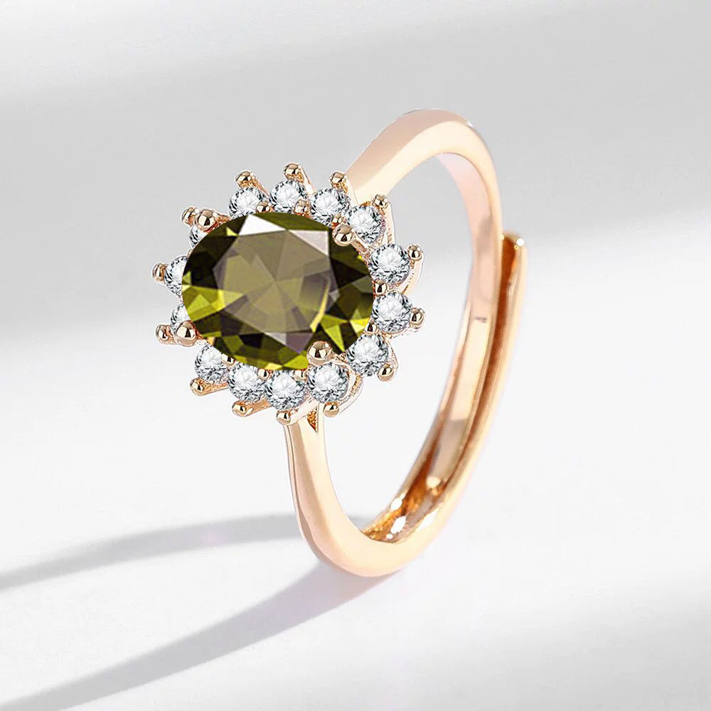 Leichter Luxus Sonnenblumenring Champagnergold mit bunten Edelsteinen Hochwertiger Handschmuck