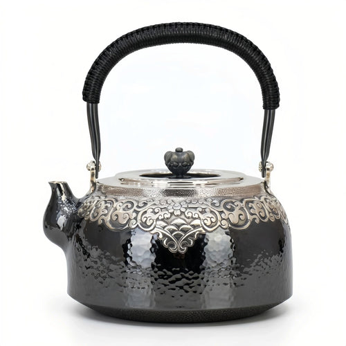 925 Sterling Silver Hand-Hammered Silver Teapot with Intricate Filigree Engraving and Wrapped Handle - Handicraft