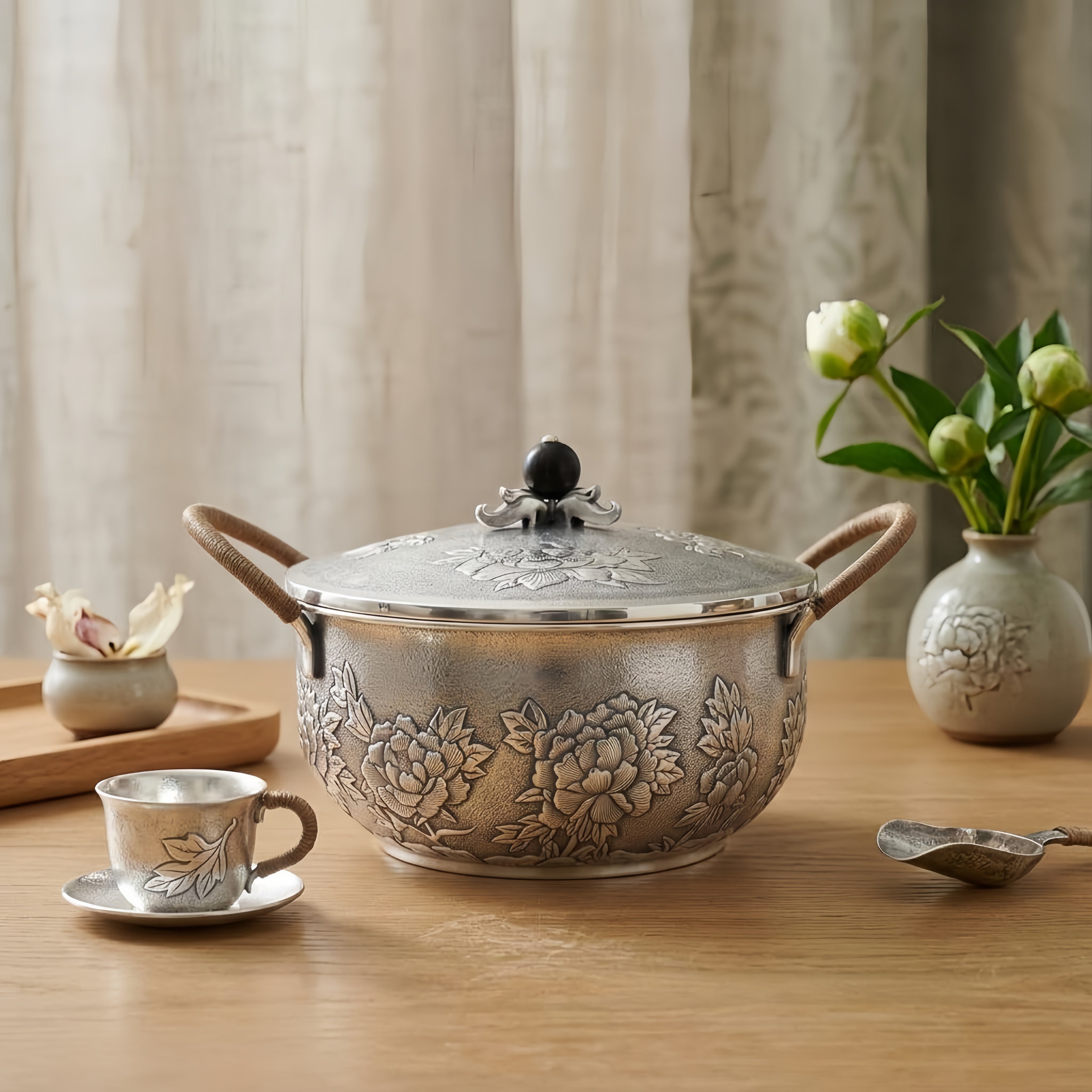 925 Sterling Silver Elegant Handcrafted  Serving Pot with Floral Motifs and Wooden Handles-Premium Hot Pot - Handicraft
