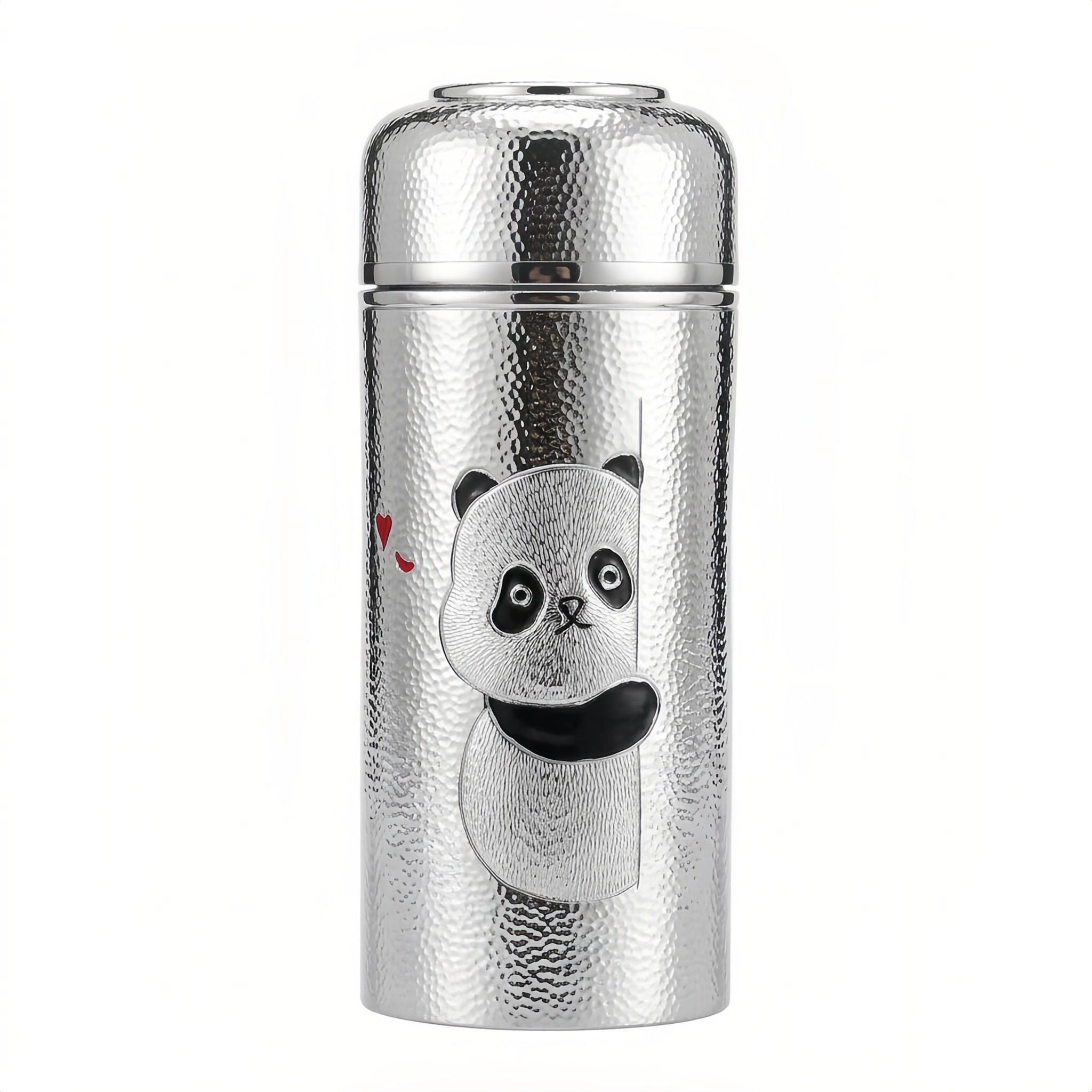 Vakuumflasche aus 925er Sterlingsilber, kunstvoll gehämmert, mit niedlichem, hervorlugendem Panda-Motiv – Handarbeit
