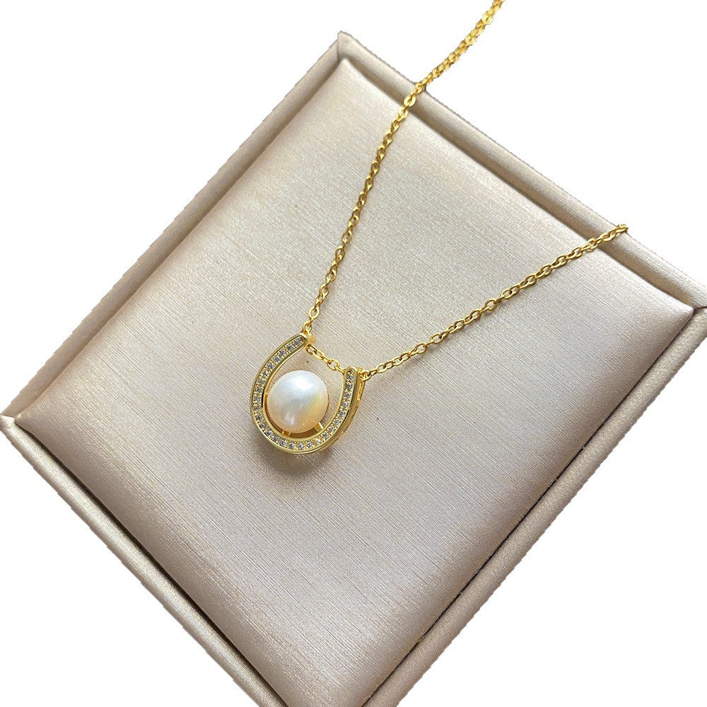 Light Luxury, Lightly Paved With Zirconia, Elegant U-Shape Pearl Necklace