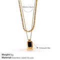Vintage Stackable Double Layer Oval Black Onyx Pendant Necklace, 18K Gold Plated Square Black Zircon Clavicle Chain