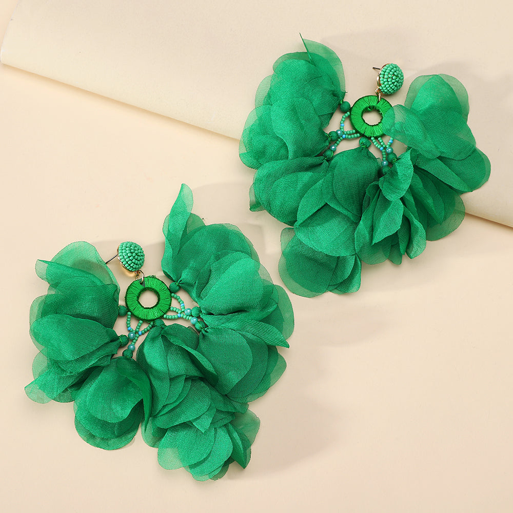 Handgefertigte böhmische Perlen-Chiffon-Blumen-Quastenohrringe für Damen Tropischer Urlaub Statement-Schmuck