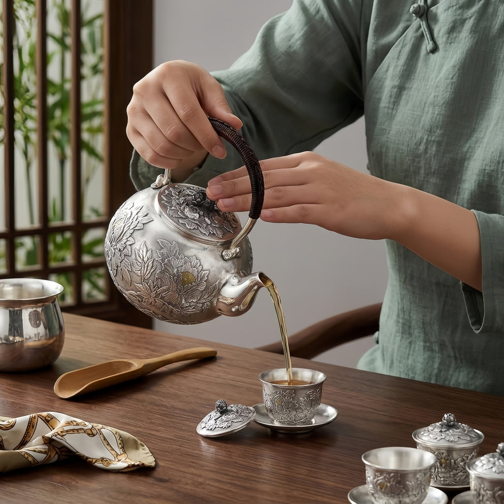 Pure 999 Fine Silver Elegant Silver Teapot with Intricate Peony Engravings and Traditional Woven Handle - Handicraft
