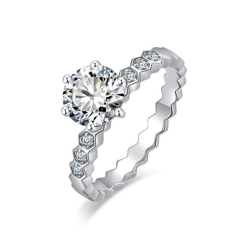Classic Honeycomb Six-Prong Simulated Diamond Ring, Moissanite Hexagonal Band