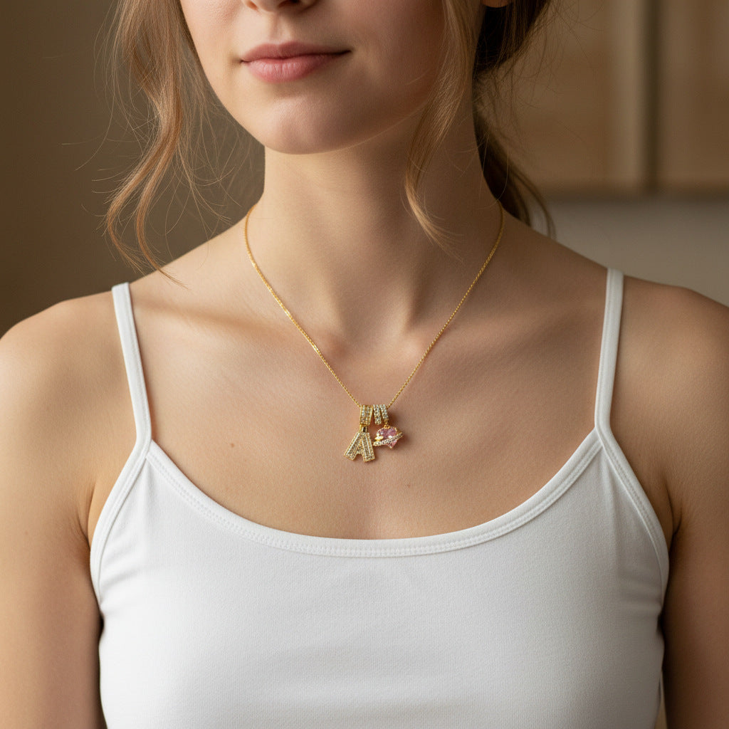 Gold-Plated Copper Planet Heart Pendant Necklace With Diamonds