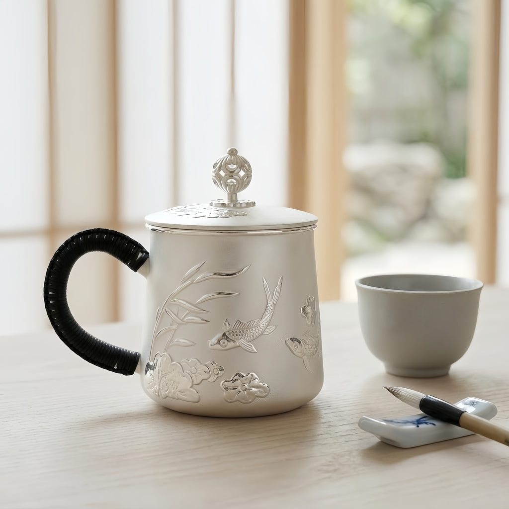 Pure 999 Fine Silver Elegant Ceramic Tea Cup with  Fish and Floral Design-Premium Tea Mug - Handicraft