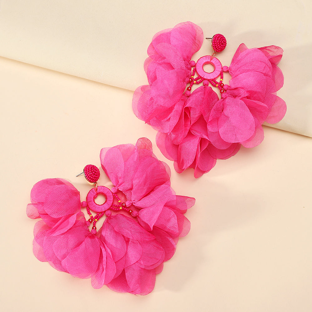 Handgefertigte böhmische Perlen-Chiffon-Blumen-Quastenohrringe für Damen Tropischer Urlaub Statement-Schmuck