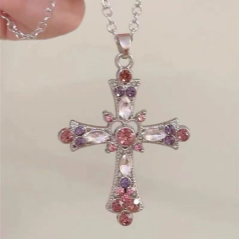 Gothic Cross Pendant Necklace For Women, Y2K Heavy Duty Bling Rhinestone Clavicle Chain, Vintage Punk Hip Hop Trendy Streetwear Jewelry