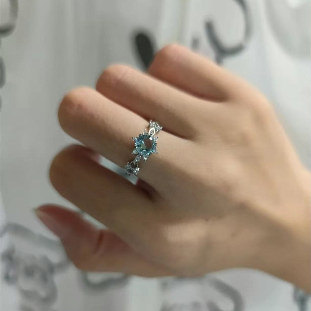 Blue Zircon Snowflake Ring, Aquamarine CZ Engagement Ring For Women