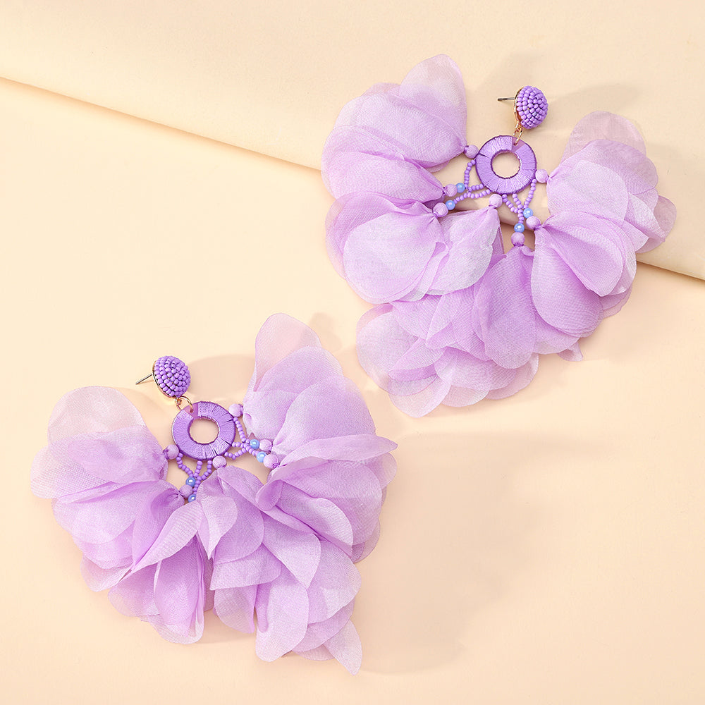 Handgefertigte böhmische Perlen-Chiffon-Blumen-Quastenohrringe für Damen Tropischer Urlaub Statement-Schmuck