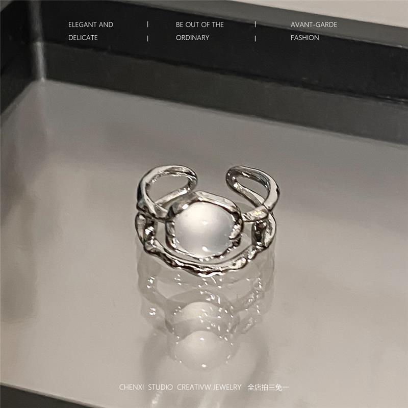 Weißer Mondstein-Paarringe für Männer & Frauen, Nischen-Zirkon eingelegt im französischen Stil, verstellbarer offener Zeigefinger-Schmuck