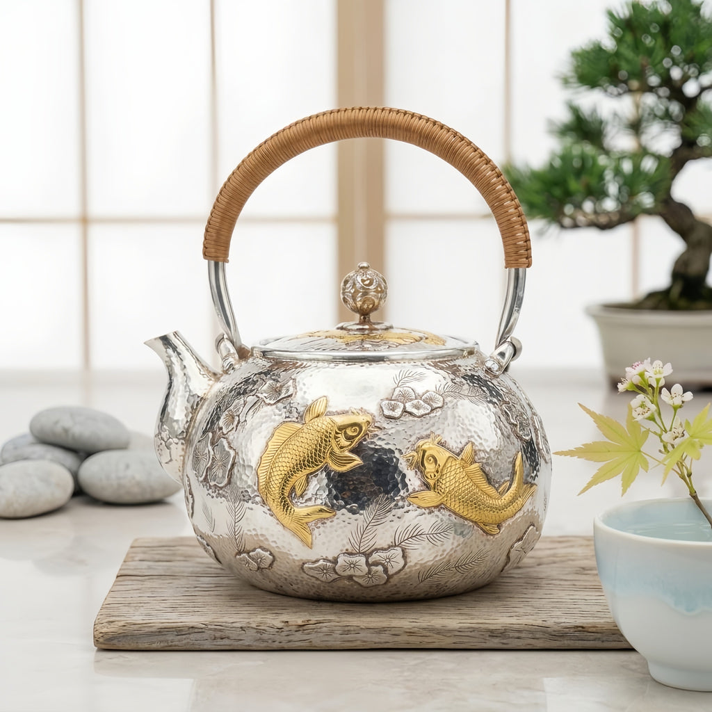 925 Sterling Silver Exquisite Silver Teapot Featuring Handcrafted Gilded Carp and Intricate Floral Motifs - Handicraft