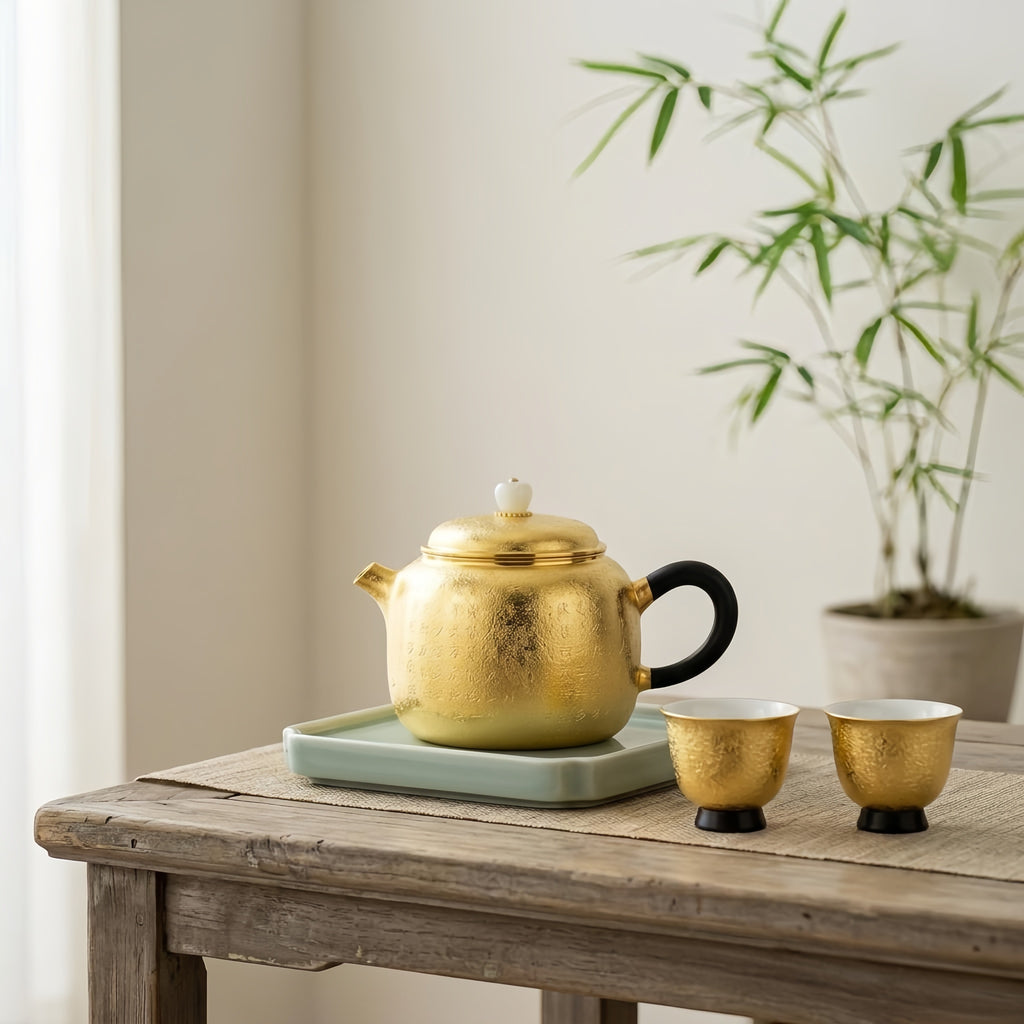 925 Sterling Silver Elegant Engraved Metallic Tea Kettle with Traditional Calligraphy and Smooth Jade Accents - Handicraft