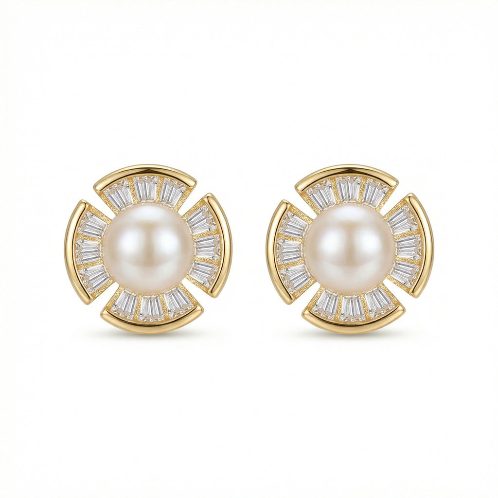 925 Sterling Silver Radiant Pearl and Baguette-Cut Fan-Shaped Stud Earrings