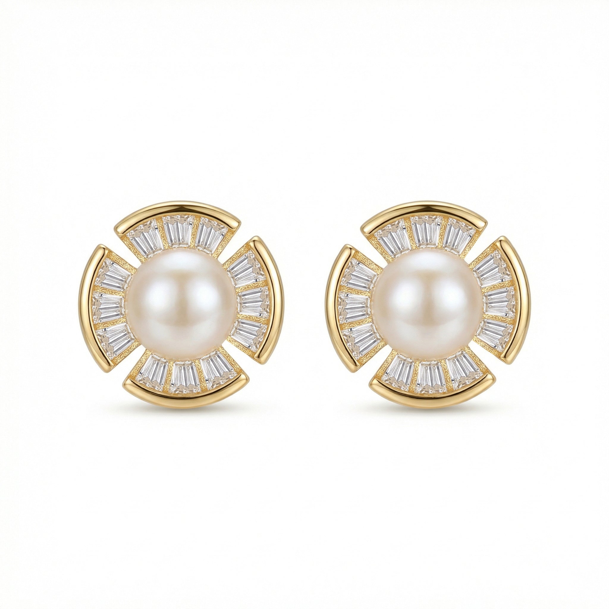 925 Sterling Silver Radiant Pearl and Baguette-Cut Fan-Shaped Stud Earrings