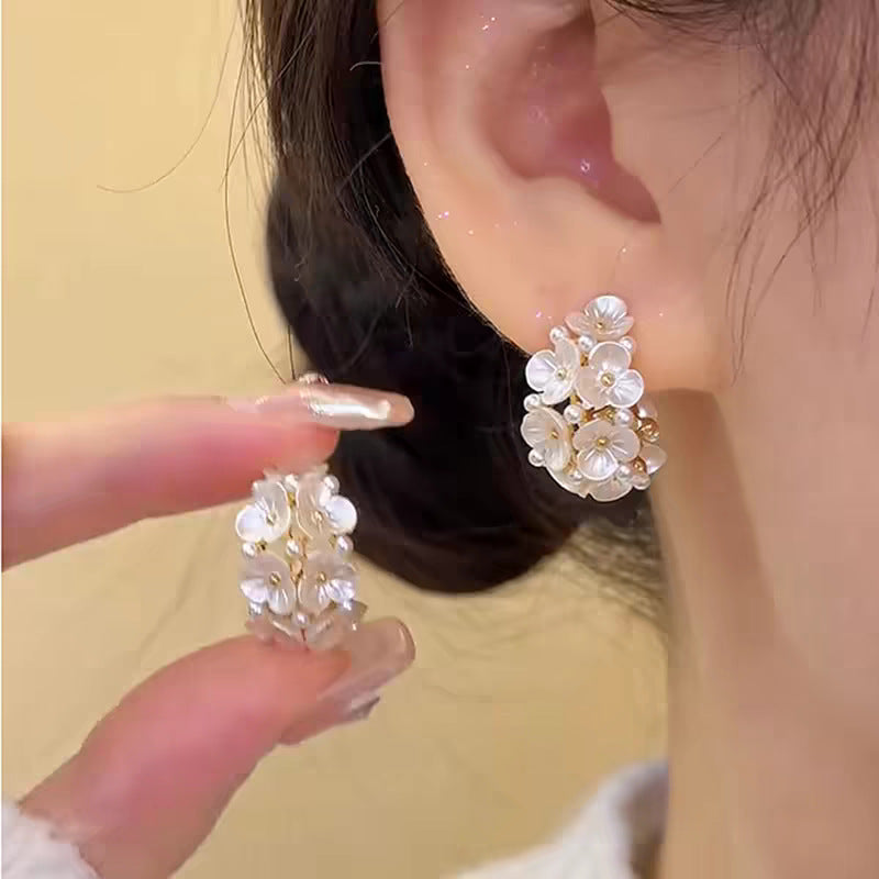 Fresh And Chic C Shaped Earrings With Diamond Encrusted Flowers For Women