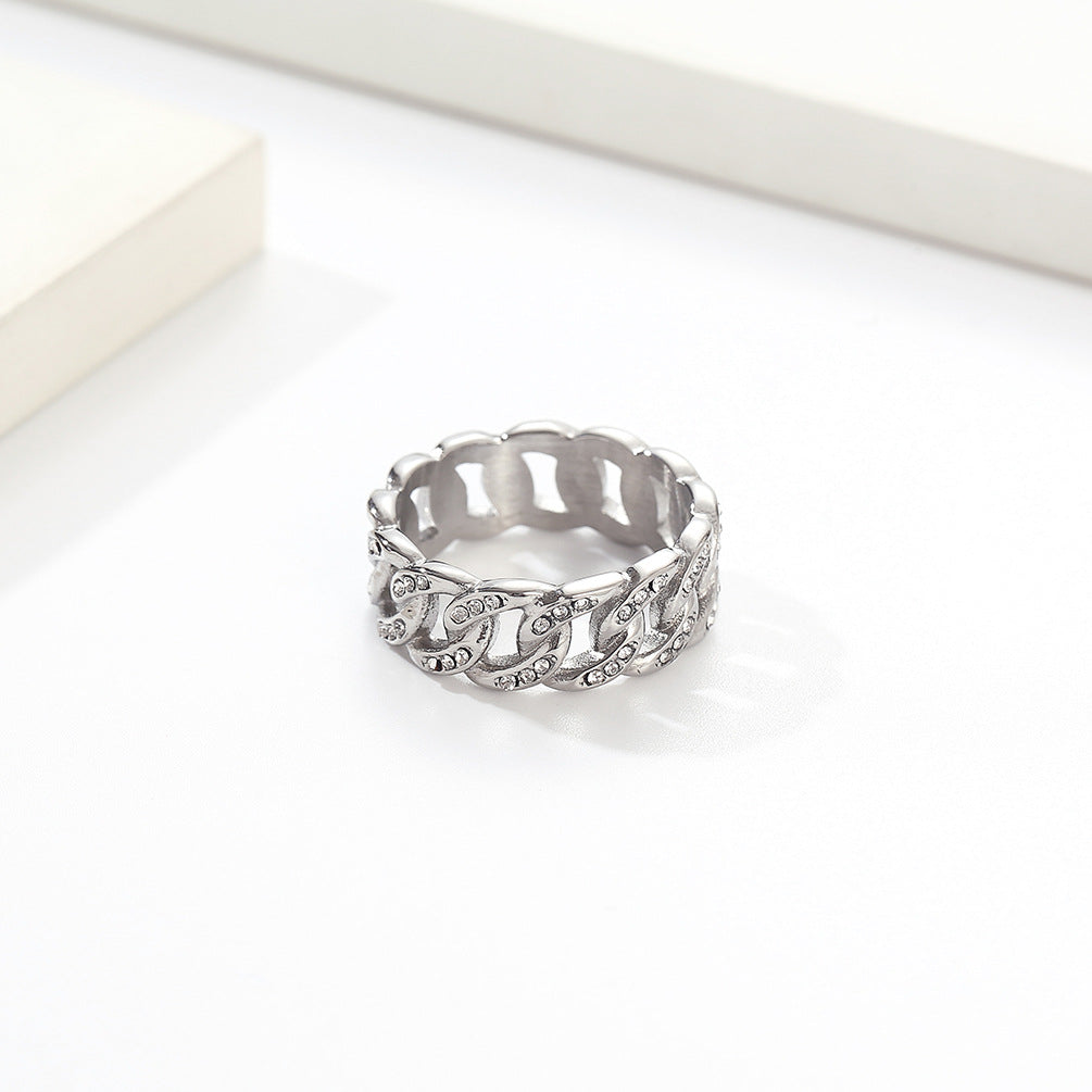 Titanium Steel Cuban-link Ring With Rhinestones