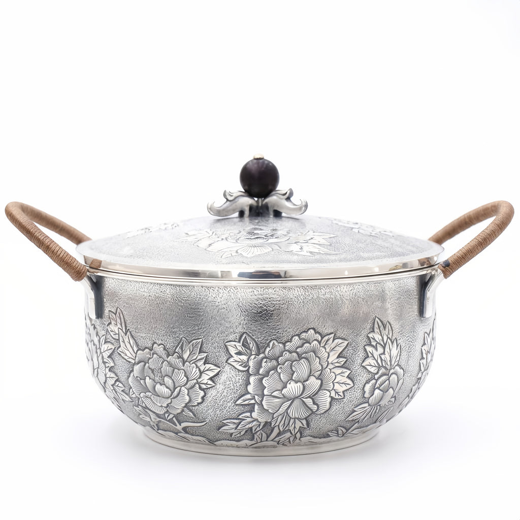 925 Sterling Silver Elegant Handcrafted  Serving Pot with Floral Motifs and Wooden Handles-Premium Hot Pot - Handicraft