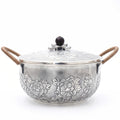 925 Sterling Silver Elegant Handcrafted  Serving Pot with Floral Motifs and Wooden Handles-Premium Hot Pot - Handicraft