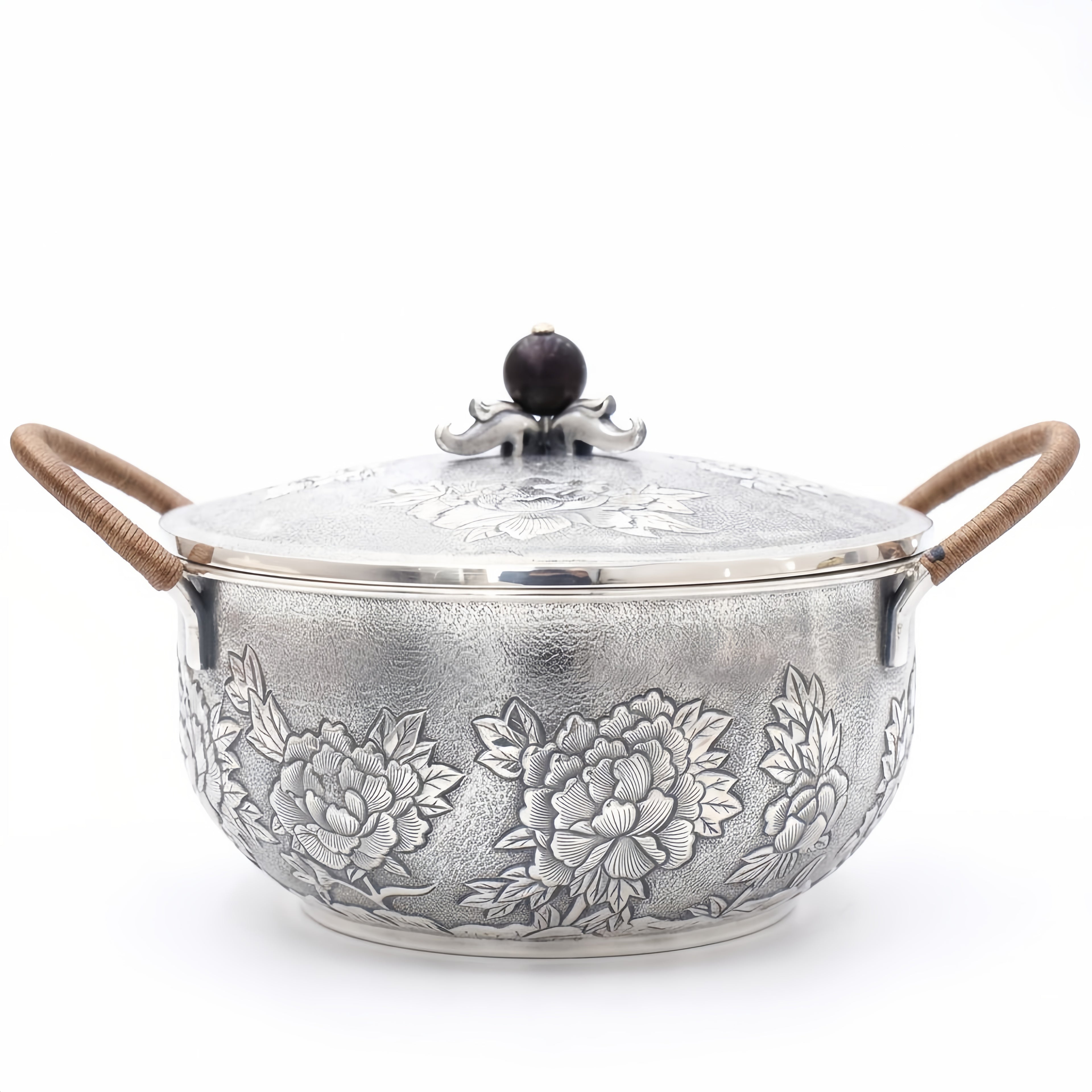 925 Sterling Silver Elegant Handcrafted  Serving Pot with Floral Motifs and Wooden Handles-Premium Hot Pot - Handicraft