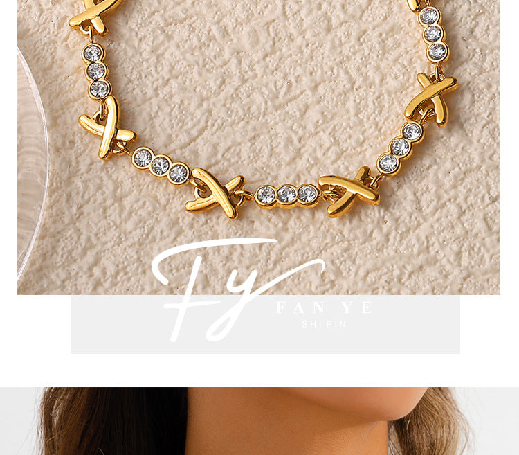 X-shaped Diamond-studded Necklace Set For Ladies - Luxurious And High-end, Featuring A Sparkling Array Of Diamonds And A Stainless Steel Bracelet Accessory.