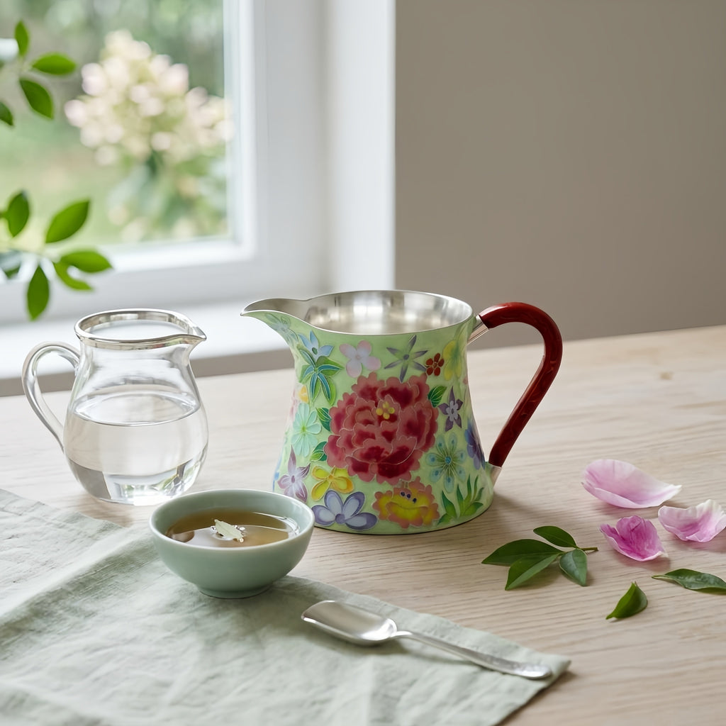 Pure 999 Fine Silver Elegant Hand-Painted Enamel Floral Pitcher with Red Sculpted Handle - Handicraft