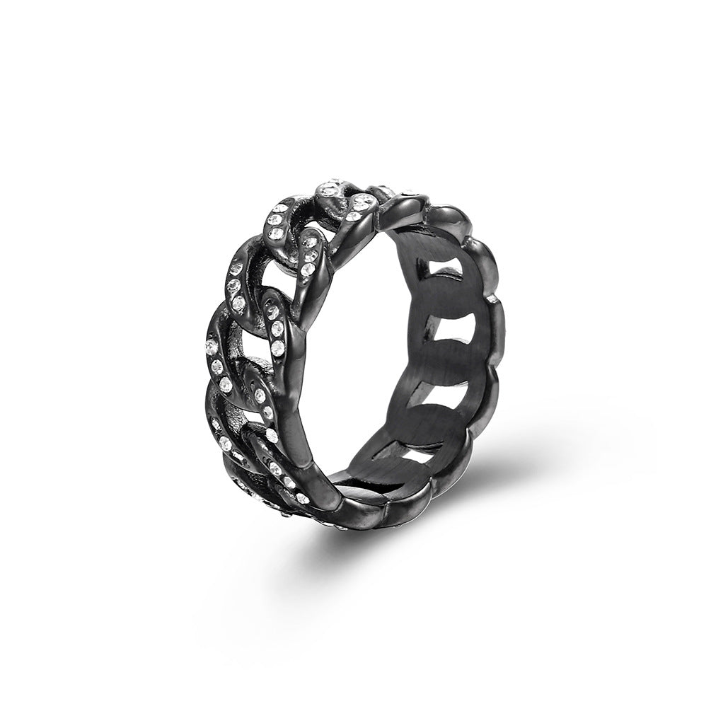 Titanstahl-Kubanische-Glieder-Ring mit Strasssteinen