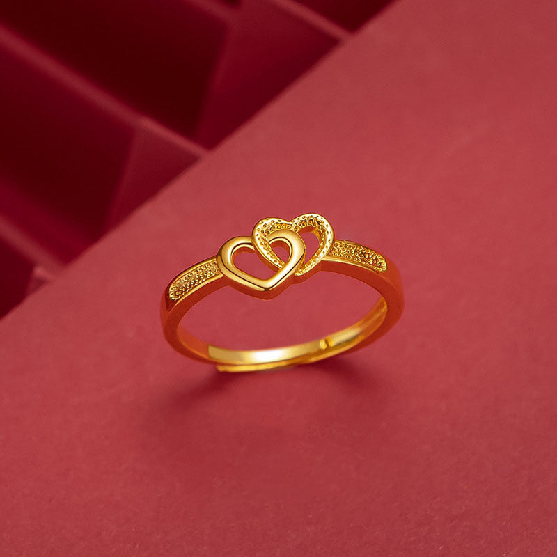 Vergoldeter Doppelherz-Ring aus vietnamesischem Sand für Damen, japanischer und koreanischer Mode verstellbarer offener Liebesring