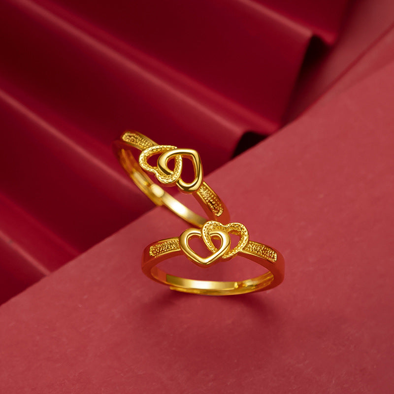 Vergoldeter Doppelherz-Ring aus vietnamesischem Sand für Damen, japanischer und koreanischer Mode verstellbarer offener Liebesring