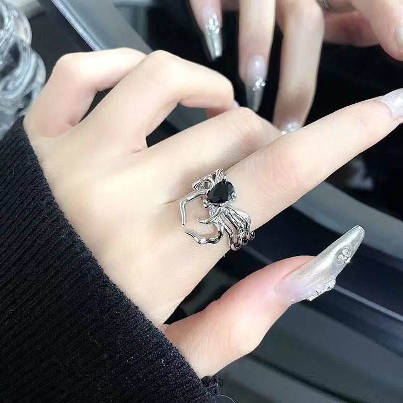 Dunkler Retro Schwarz Edelstein Spinne Nagelring, Nische Design Fortschrittlicher Cooler Stil Offener Verstellbarer Ring