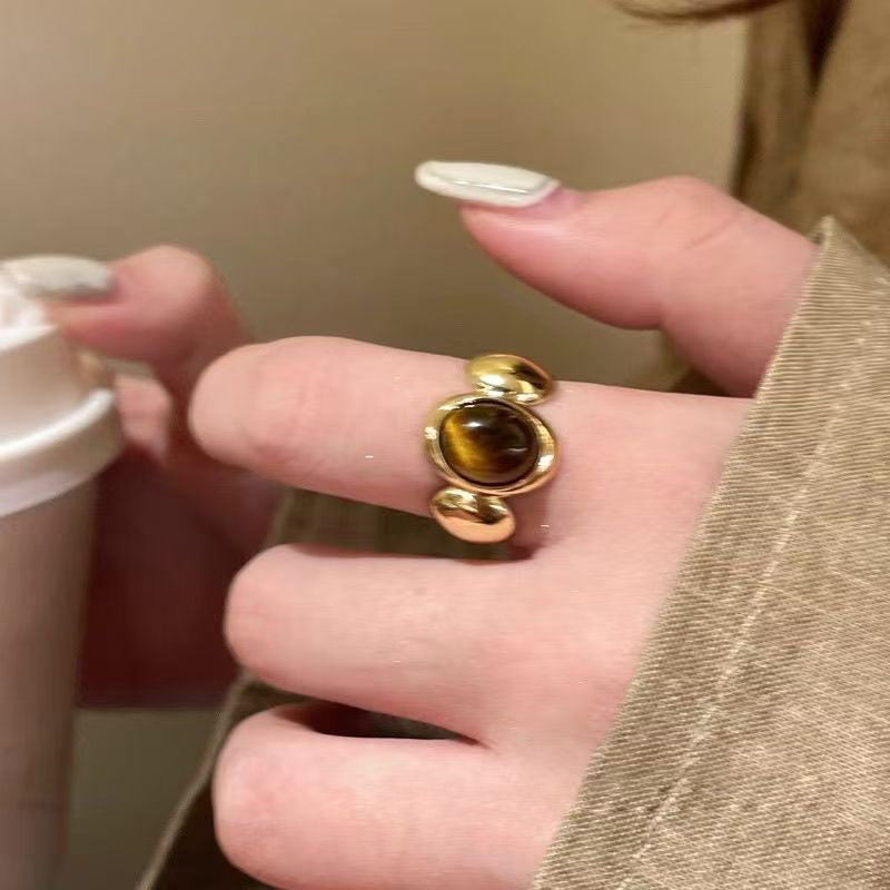 Vintage Tigerauge Offener Ring für Damen, Maillard Retro Nischen Design High-End Zeigefingerring