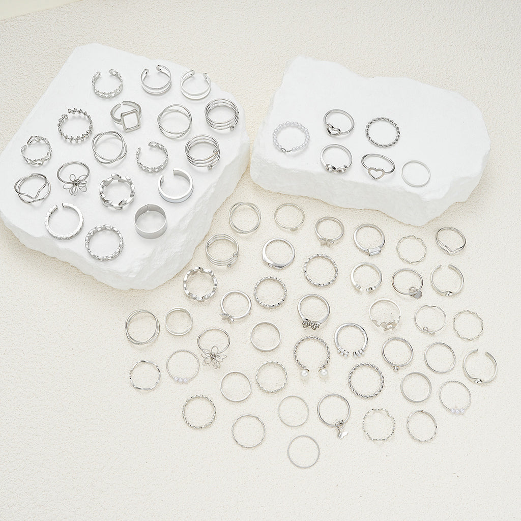 Simple Flower And Butterfly Spiral Ring 66-Piece Set