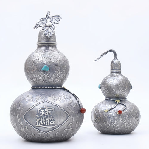 Pure 999 Fine Silver Ornate Silver-Tone Gourd Containers with Turquoise and Traditional Chinese Prosperity Engravings - Handicraft