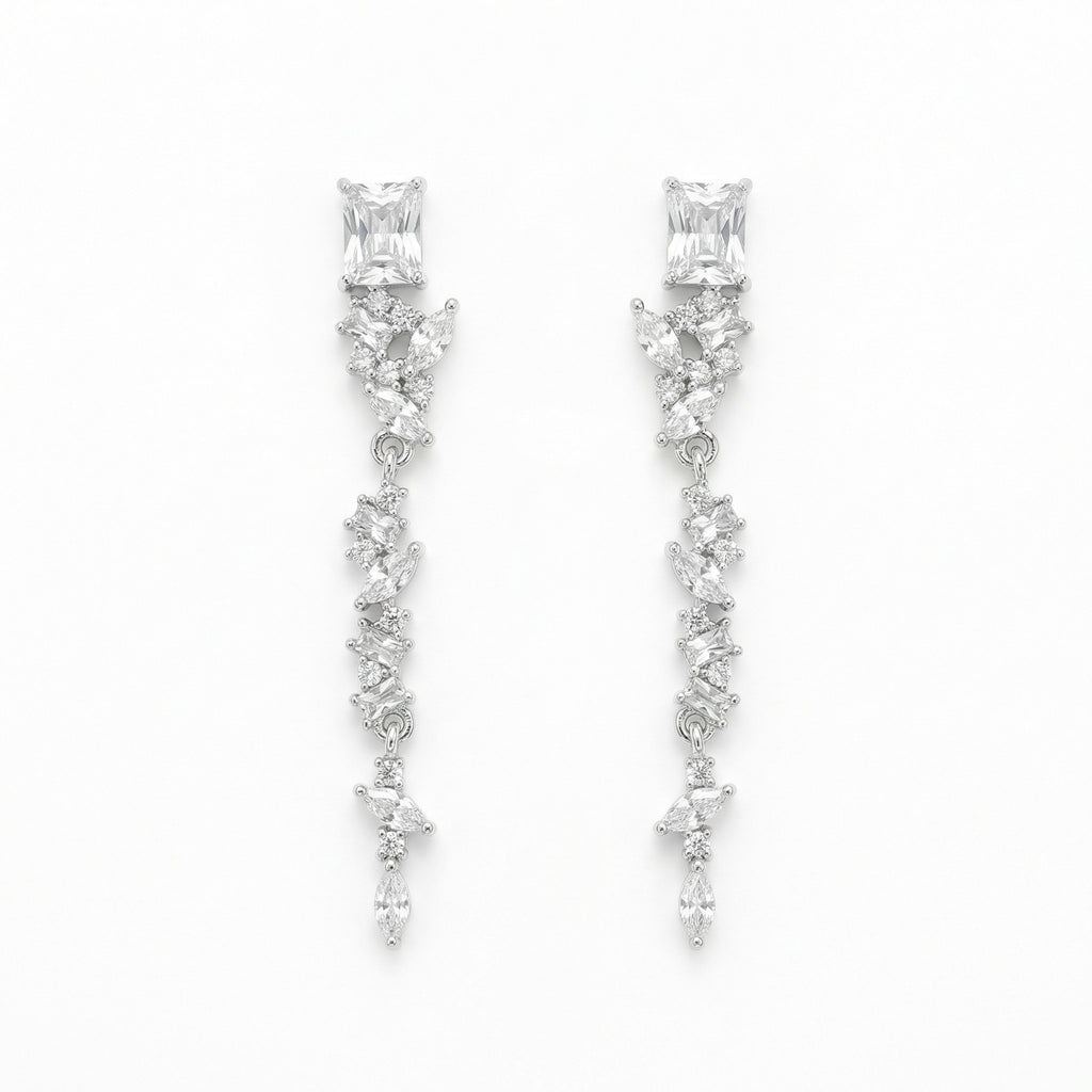 925 Sterling Silver Elegant Silver Crystal Dangle Earrings with Marquise and Radiant Cut Stones for Bridal Wear