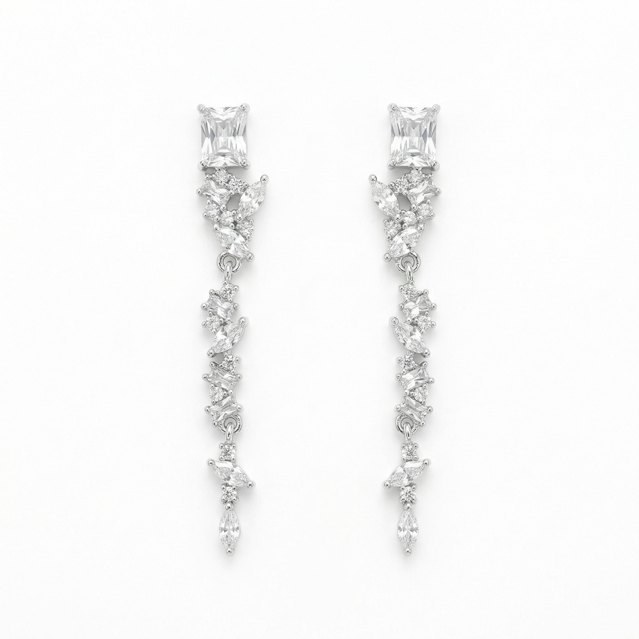925 Sterling Silver Elegant Silver Crystal Dangle Earrings with Marquise and Radiant Cut Stones for Bridal Wear